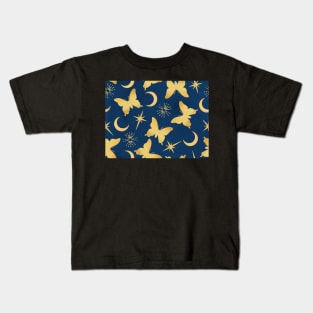 Gold Stamped Butterflies and Sunbursts on Blue Kids T-Shirt